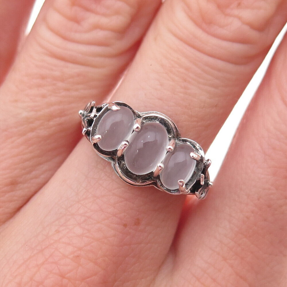 925 Sterling Silver Vintage Real Moonstone Floral Oxidized Ring Size 7.5